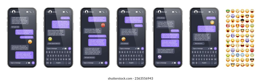 Smartphone messaging app, user interface with emoji. SMS text frame. Chat screen, violet message bubbles. Texting app for communication. Social media application. Dark mode. Vector illustration