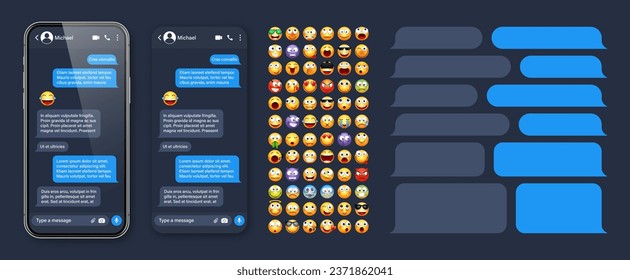 Smartphone messaging app, user interface with emoji. SMS text frame. Chat screen, blue message bubbles. Texting app for communication. Social media application. Dark mode. Vector illustration