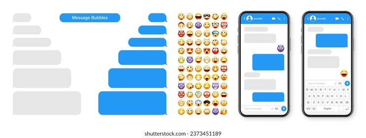 Smartphone messaging app, user interface design with emoji. SMS text frame. Chat screen with blue message bubbles. Texting app for communication. Social media application. Vector illustration
