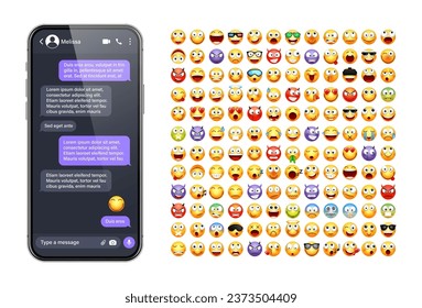 Smartphone messaging app, user interface with emoji. SMS text frame. Chat screen, violet message bubbles. Texting app for communication. Social media application. Dark mode. Vector illustration