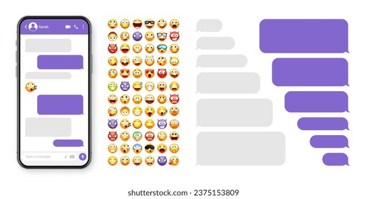 Smartphone messaging app, user interface design with emoji. SMS text frame. Chat screen with violet message bubbles. Texting app for communication. Social media application. Vector illustration.