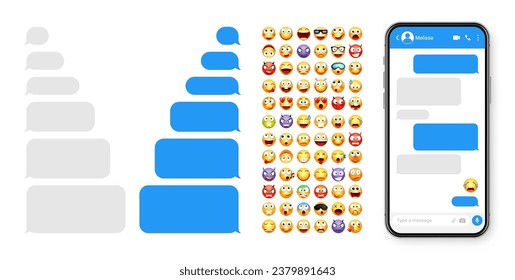 Smartphone messaging app, user interface design with emoji. SMS text frame. Chat screen with blue message bubbles. Texting app for communication. Social media application. Vector illustration