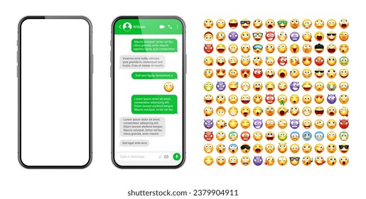 Smartphone messaging app, user interface design with emoji. SMS text frame. Chat screen with green message bubbles. Texting app for communication. Social media application. Vector illustration