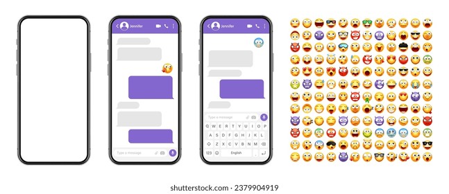 Smartphone messaging app, user interface design with emoji. SMS text frame. Chat screen with violet message bubbles. Texting app for communication. Social media application. Vector illustration