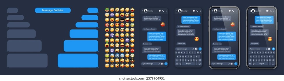 Smartphone-Messaging-App, Benutzeroberfläche mit Emoji. SMS-Textrahmen. Chat-Bildschirm, Blase für die Nachricht. SMS-App für Kommunikation. Social Media-Anwendung. Dunkler Modus. Vektorgrafik