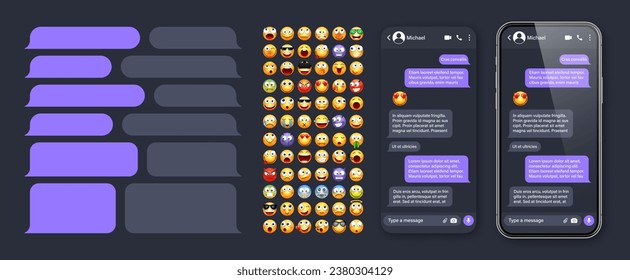 Smartphone messaging app, user interface with emoji. SMS text frame. Chat screen, violet message bubbles. Texting app for communication. Social media application. Dark mode. Vector illustration