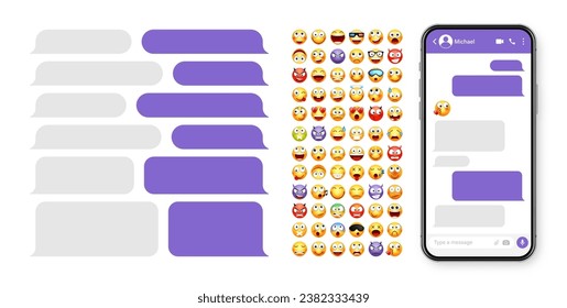 Smartphone messaging app, user interface design with emoji. SMS text frame. Chat screen with violet message bubbles. Texting app for communication. Social media application. Vector illustration