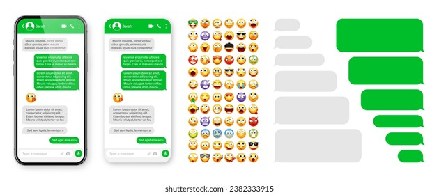 Aplicación de mensajería Smartphone, diseño de interfaz de usuario con emoji. Marco de texto SMS. Pantalla de chat con burbujas de mensajes verdes. Aplicación de mensajería. Aplicación de medios sociales. Ilustración del vector