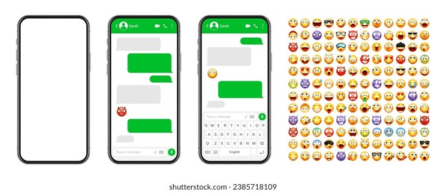 Smartphone messaging app, user interface design with emoji. SMS text frame. Chat screen with green message bubbles. Texting app for communication. Social media application. Vector illustration