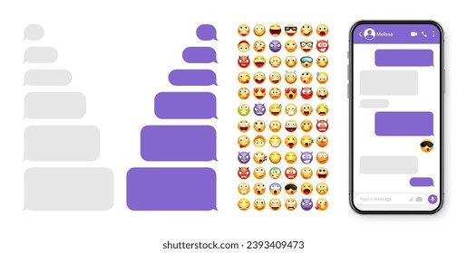 Smartphone messaging app, user interface design with emoji. SMS text frame. Chat screen with violet message bubbles. Texting app for communication. Social media application. Vector illustration