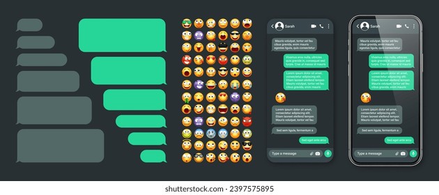 Smartphone messaging app, user interface with emoji. SMS text frame. Chat screen, green message bubbles. Texting app for communication. Social media application. Dark mode. Vector illustration