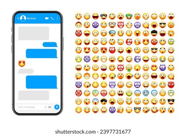 Smartphone messaging app, user interface design with emoji. SMS text frame. Chat screen with blue message bubbles. Texting app for communication. Social media application. Vector illustration