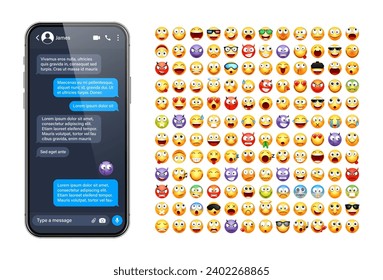 Smartphone messaging app, user interface with emoji. SMS text frame. Chat screen, blue message bubbles. Texting app for communication. Social media application. Dark mode. Vector illustration