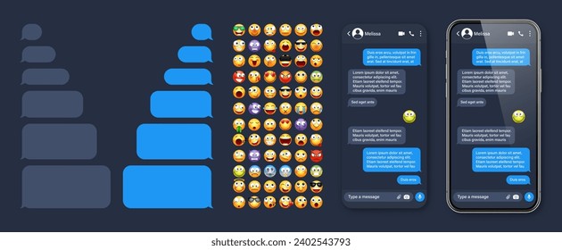 Smartphone messaging app, user interface with emoji. SMS text frame. Chat screen, blue message bubbles. Texting app for communication. Social media application. Dark mode. Vector illustration