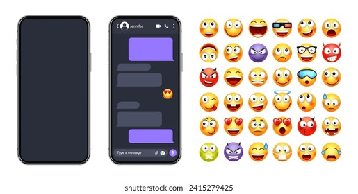 Smartphone-Messaging-App, Benutzeroberfläche mit Emoji. SMS-Textrahmen. Chat-Bildschirm, violette Nachrichtenblasen. SMS-App für Kommunikation. Social Media-Anwendung. Dunkler Modus. Vektorgrafik