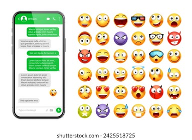 Smartphone messaging app, user interface design with emoji. SMS text frame. Chat screen with green message bubbles. Texting app for communication. Social media application. Vector illustration