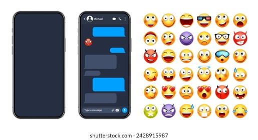 Smartphone messaging app, user interface with emoji. SMS text frame. Chat screen, blue message bubbles. Texting app for communication. Social media application. Dark mode. Vector illustration