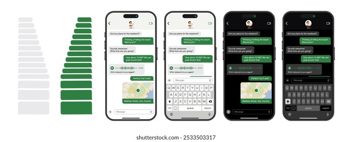 Smartphone-Messaging-App: Vektorgrafik-UI- und UX-Design mit Dunkel- und Lichtmodus, Chatblasen, Kartenfreigabe und Sprachnachrichten