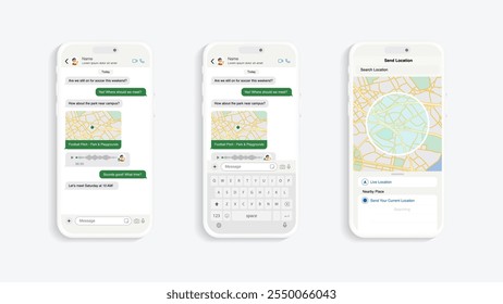 Smartphone Messaging App: Vector UI and UX Design Featuring Chat Bubbles, Dialogues, Location Sharing, and Voice Messaging.