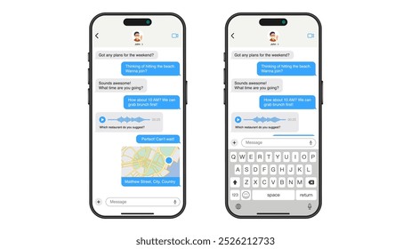 Mensajería de Smartphone: marco de App de chat con burbuja de voz, uso compartido de mapas y funciones de mensajes de voz. Vector.