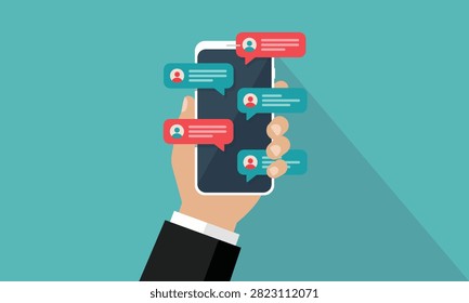 Smartphone messaging interface representing social communication online chat mobile notification digital networking customer engagement and instant messaging vector illustration design.