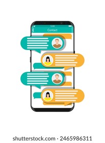 Smartphone with messaging sms app. Chat bubbles on mobile phone touchscreen. Chat between man and woman. Social netwroking. Discussion, talking, assistance. Vector illustration in flat style