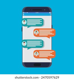 Smartphone with messaging sms app. Chat bubbles on mobile phone touchscreen. Chat between man and woman. Social netwroking. Discussion, talking, assistance. Vector illustration in flat style