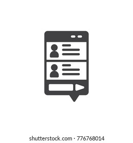 Smartphone with messaging sms app icon vector, filled flat sign, solid pictogram isolated on white. Chatting with chatbot on phone symbol, logo illustration.