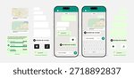 Smartphone Messenger App UI Vector – Mobile Chat Interface with Message Bubbles, Voice Notes, Live Location Sharing, Poll Voting, File Transfer, Map Preview and Social Media Conversation Screens