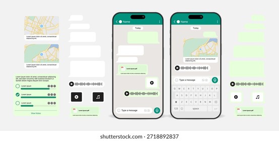 Smartphone Messenger App UI Vector - Mobile Chat-Schnittstelle mit Nachrichtenblasen, Sprachnotizen, Live-Standortfreigabe, Umfrage-Abstimmung, Dateiübertragung, Kartenvorschau und Social-Media-Unterhaltungsbildschirmen