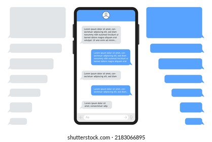 Smartphone With Messenger Chat On Screen. Template Of Blue And Gray Message Bubbles. Vector Illustration.