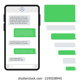 Smartphone with messenger chat on screen. Template of green and gray message bubbles. Vector illustration.