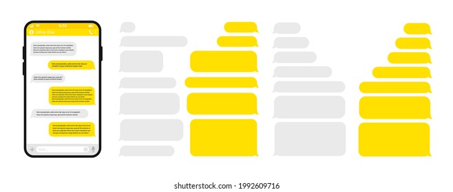 Smartphone with messenger chat. Phone with sms template bubbles. Vector illustration