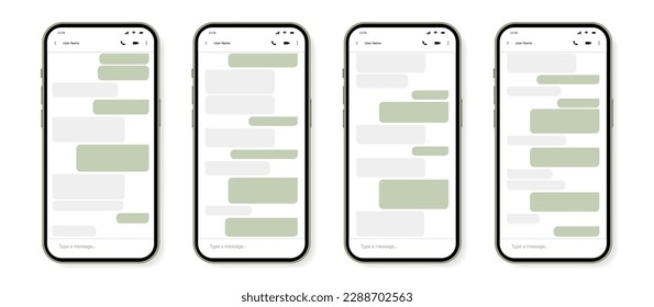 Smartphone with messenger chat screen. Set of SMS template bubbles. Vector illustration