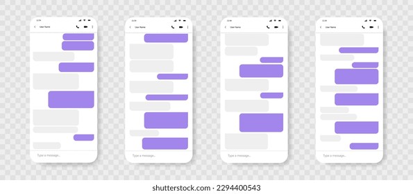 Smartphone with messenger chat screen. Set of SMS template bubbles. Vector illustration