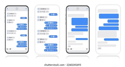 Smartphone with messenger chat screen. SMS-template of bubbles and voice messages for composing dialogues. Modern vector illustration in flat style.