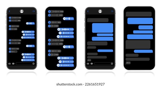 Smartphone con pantalla de chat de mensajería. Plantilla SMS de burbujas y mensajes de voz para componer diálogos. Ilustración vectorial moderna en estilo plano.