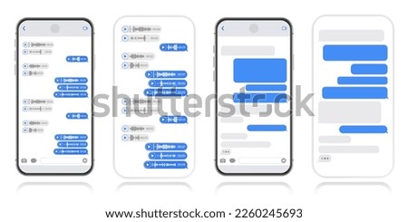 Smartphone with messenger chat screen. SMS-template of bubbles and voice messages for composing dialogues. Modern vector illustration in flat style.