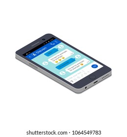 Smartphone with messenger on monitor isometric illustration. Chatting and messaging. Social network concept. Realistic vector isolated phone.