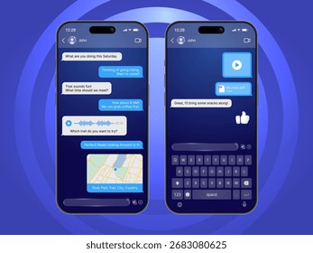 Smartphone Messenger UI-Vorlage, mobile Chat-Anwendungsschnittstelle auf modernem Mobiltelefon, soziale Kommunikation und Messaging-App-Design, Vektorgrafik