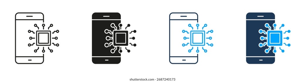 Smartphone com linha de tecnologia móvel de microchip e conjunto de ícones sólidos. Coleção de Símbolos de Atualização de Dispositivo de Inovação Digital. Ilustração de vetor isolada.