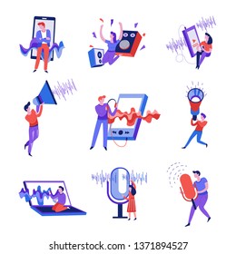 Smartphone and microphone sound wave isolated abstract icons vector volume speaker and megaphone music player and laptop record voice listen to song or melody audio information man and woman