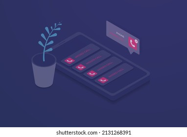 Smartphone with missed call notification concept. Mobile phone screen with a lot of messages about missed calls. Isometric vector illustration