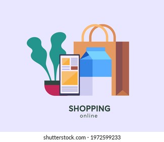 Smartphone with mobile app, bag, juice or milk, plant isolated on light background. Online shopping, delivery, e-commerce, electronic business. Landing page, site, poster. Vector flat illustration.