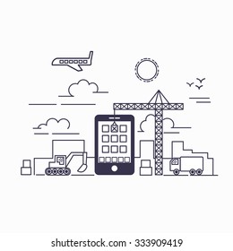 Smartphone and mobile app construction site in line flat design .  Vector illustration .  Apply to website , book cover , poster ,  infographics .
