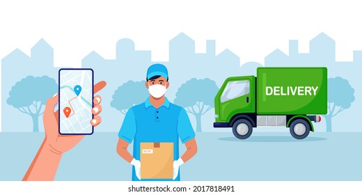 Smartphone with Mobile App for Delivery Tracking food or parcels. Delivery man in facial mask and blue protective medical gloves holding carton box. Safe delivery service by truck. Vector illustration