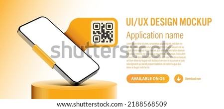 Smartphone mobile app template with blank screen - description and download link with QR code on ribbon included