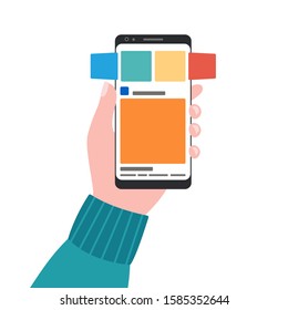 Smartphone with mobile application in hand. Carousel, review of posts, mocap phone interface. Phone screen page. Vector illustration isolated on white background