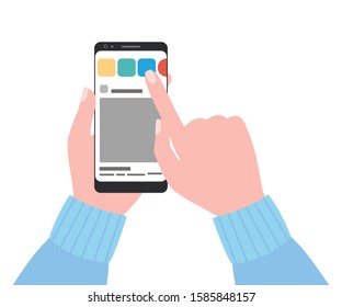Smartphone mit Handy-Anwendung in der Hand. Finger, der auf die Ikone zeigt. Karussell, Überprüfung der Posts, Mocap-Telefon-Schnittstelle. Telefonische Bildschirmseite. Vektorillustration einzeln auf weißem Hintergrund
