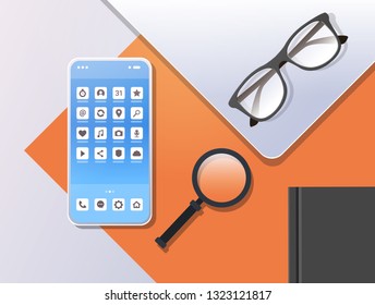 smartphone mobile application icons creative ui screen top angle view workplace desktop with cellphone magnifier zoom glasses and notepad horizontal